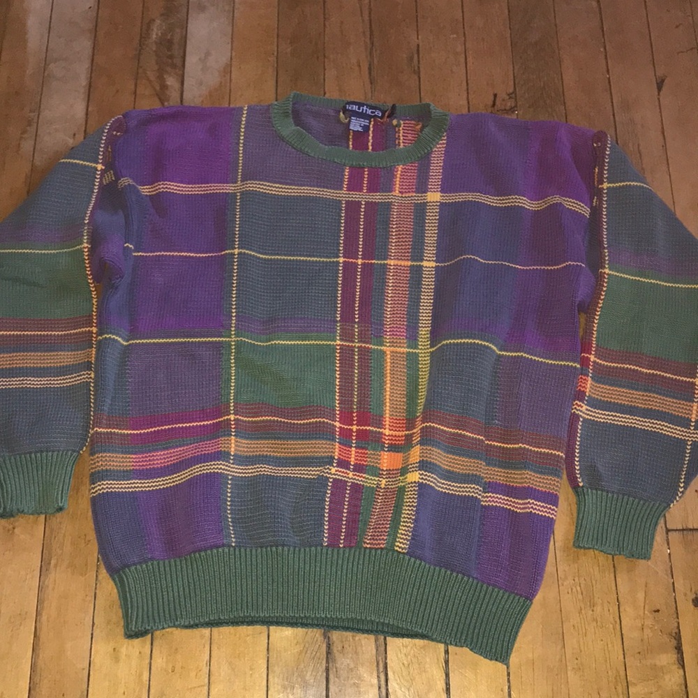 Nautica Multicolor Plaid Crewneck Sweater - Green, Purple & Red Accents